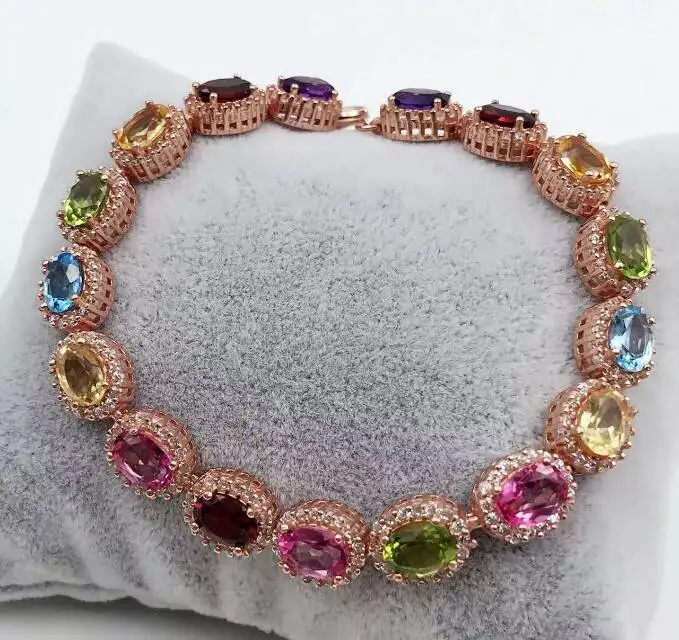  Naturel multicolore rouge grenat cristal Bracelet péridot naturel Bracelet 925 argent bracelet luxu