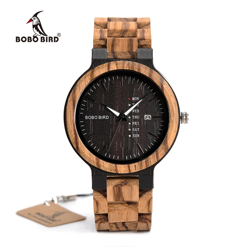BOBO BIRD Wooden Men Watches erkek kol saati Quartz Wristwatch Male Show Date and Week Timepieces in Gifts Wood Box