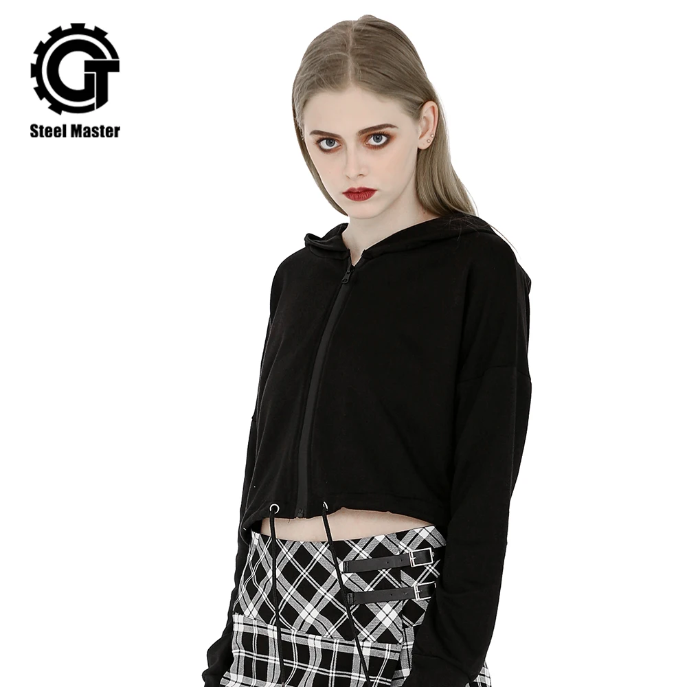 

New 2019 Spring And Autumn Long-sleeved Hooded Zipper Drawstring Coat Female Black Zipper Short Paragraph