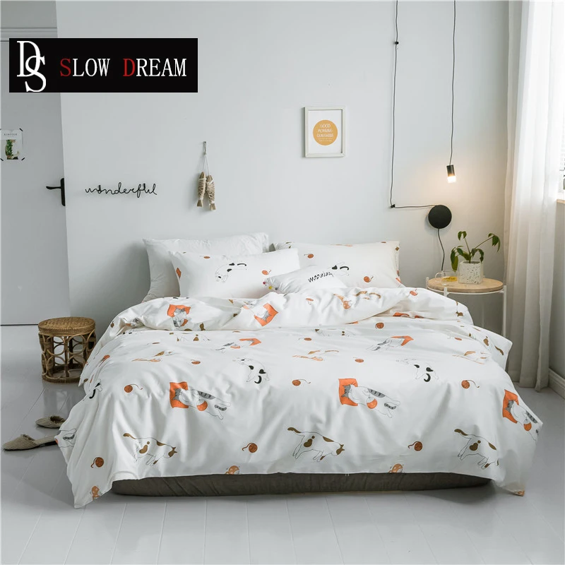 

SLOWDREAM Hot Sale Fashion Cat Cartoon Bedding Set Double Blue Cover Set Flat Sheet Decor Home Textiles Pillowcase Bed Linens