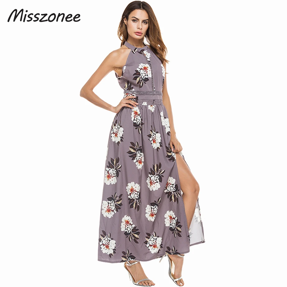 Misszonee Floral print beach chiffon long dress Women halter split beach summer dress Sexy maxi dresses vestido long-floral-maxi