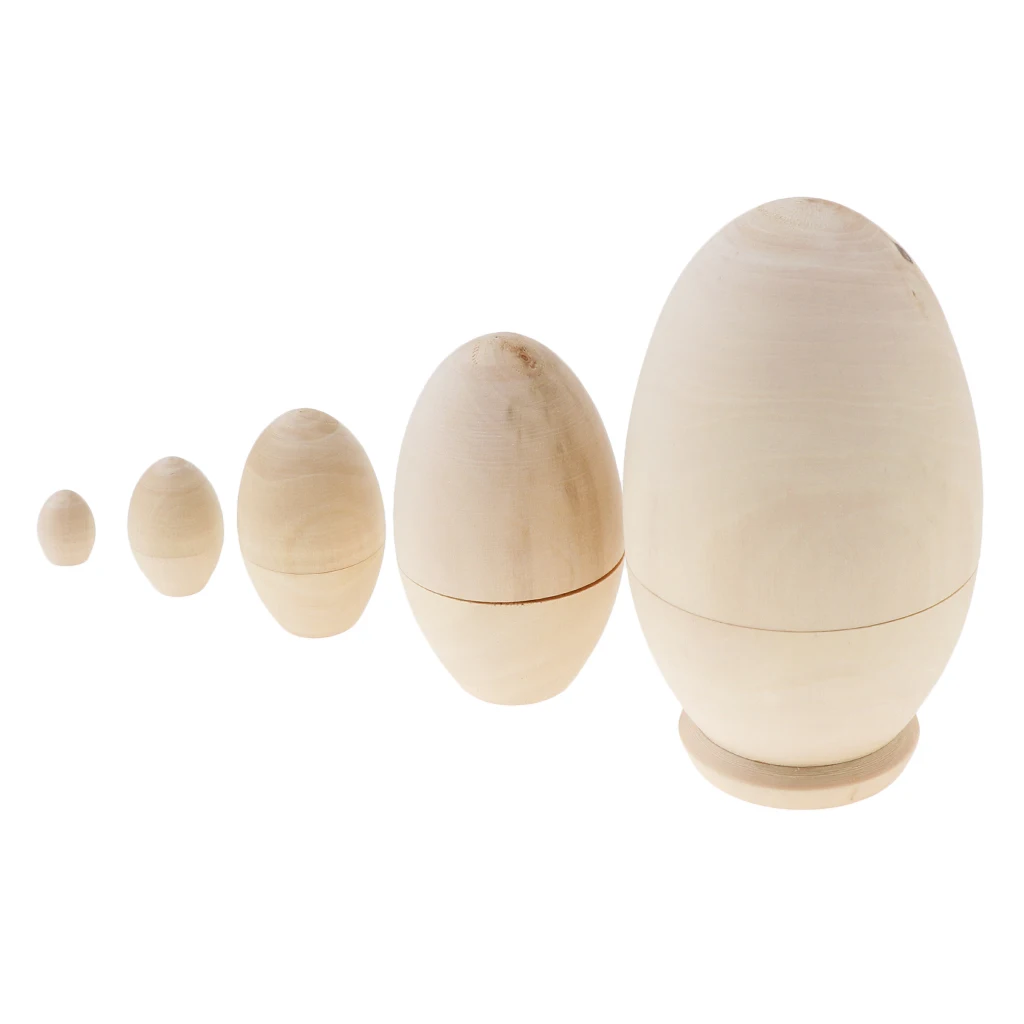 5 Pieces Unpainted Wooden Egg Russian Stacking Dolls Natural Wood Color Babushka Matryoshka Kids Birthday Gift