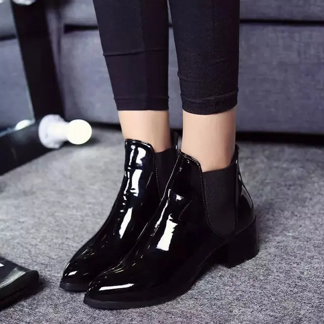 New Arrival Fashion Shoes Women Boots Elasticated Patent Leather Ankle Boots Pointed Low Heel Boots Female Sexy Shoes