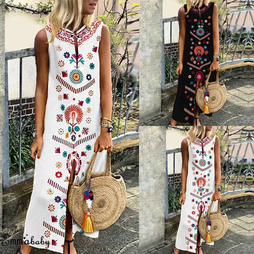 Для женщин летние цветочные Boho БЕЗРУКАВНОЕ вечернее пляжное платье длиной Макси Сарафан