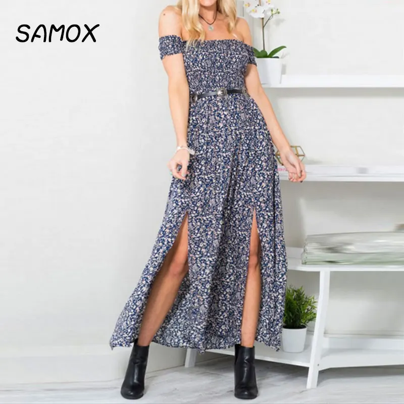 

JSMY 2019 New Summer Fashion Women Sexy Off-the-shoulder Wrapped Chest Floral Split Dress