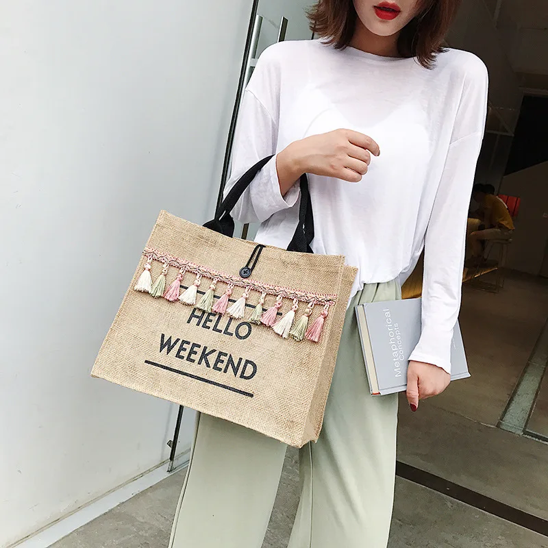 

Women Summer Beach Bags Handbags Large Capacity Lady Tassel Shoulder Bag Big Letter Linen Totes Casual Girls Travel Shopping Bag