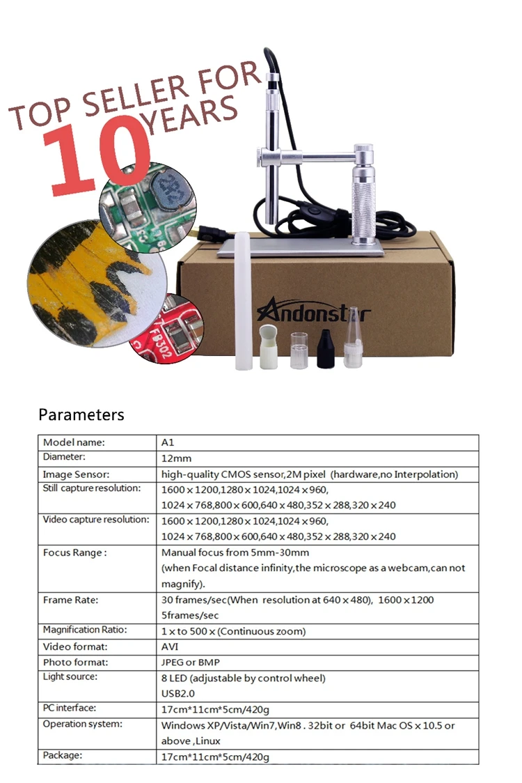 Andonstar 2MP USB цифровой микроскоп 500x8 светодиодный HD эндоскоп видео камера микроскопы зуб трубка осмотр бороскоп Лупа