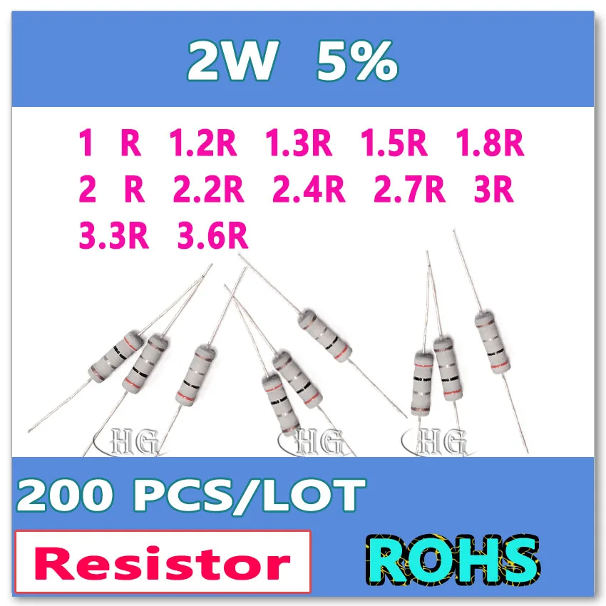JASNPROSMA 200 개/몫 5% 2W 1R 1.2R 1.3R 1.5R 1.8R 2R 2.2R 2.4R 2.7R 3R 3.3R 3.6R 탄소 필름 DIP OHM 저항기