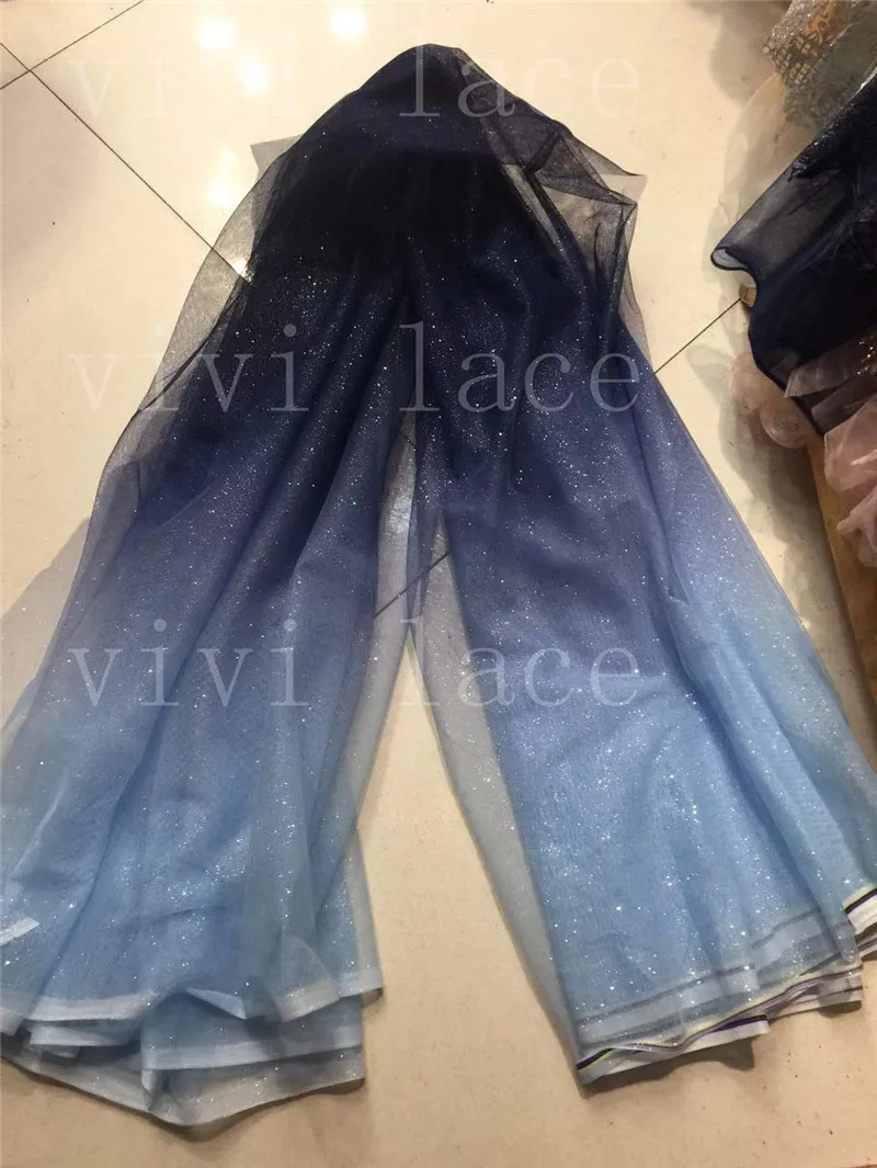 

Stock 10 yards digital print gradual dark blue color bling glitter tulle mesh fabric for wedding/evening dress