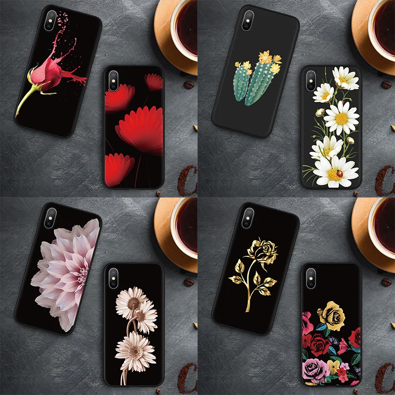 

Black Matte Phone Case For iPhone X For iPhone 6 7 8 6S Plus 5 5S SE Flower Back Cover For iPhone XR XS Max 9 10 Silicone Fundas