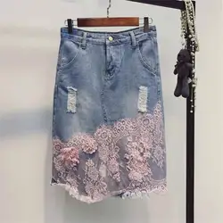 Мода весна 2019 Высокая талия для женщин джинсовые юбки женские плюс размеры цветок вышивка трапециевидной формы джинсовая юбка кэжуал w481