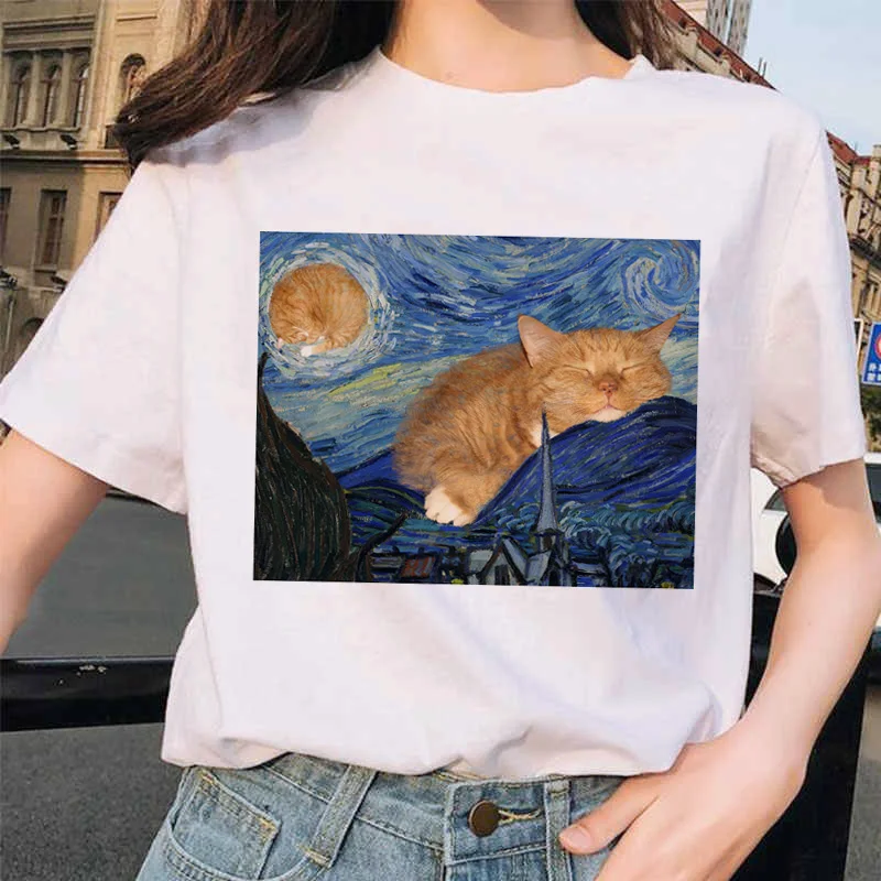 Ван Гог кошка Женская футболка искусство масляной живописи решетки печати Новая Милая женская футболка Повседневная Harajuku футболка забавная ulzzang grunge - Color: 7431