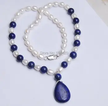 

Free Shipping >>>>> 7-8MM White Akoya Pearl & Lapis Lazuli Pendant Necklace 18"