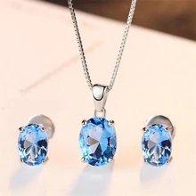 Серебряные ювелирные изделия 925 пробы, карат, серьги-гвоздики с натуральным голубым топазом, ожерелье с подвеской для женщин, набор свадебных ювелирных изделий из стерлингового серебра с