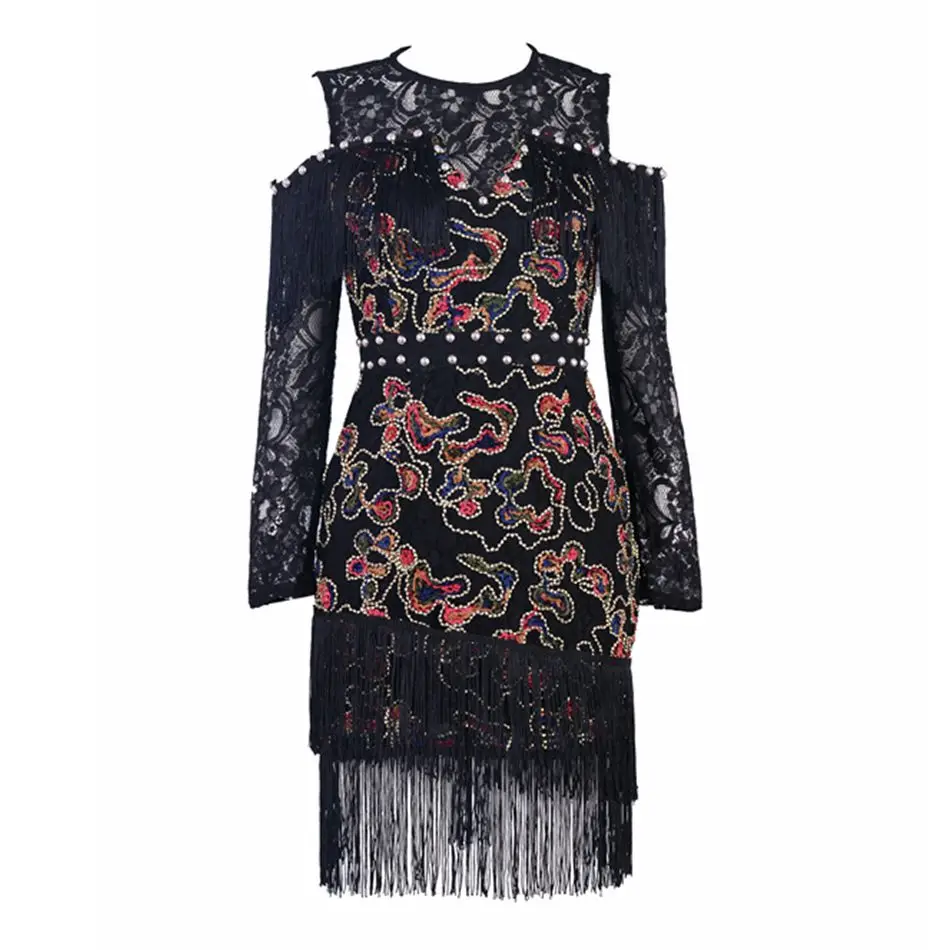 

Newest Celebrity Party Dress Women Long Sleeve Off The Shoulder O-Neck Tassel Beading Sexy Night Out Club Dress Women Vestidos