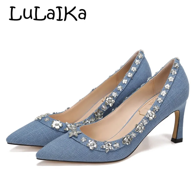 

2018 New Fashion Rhinestone High Heels Women Trend Denim Comfortable Casual Shoes Sexy Flower Lady Wedding Party high heels 7cm