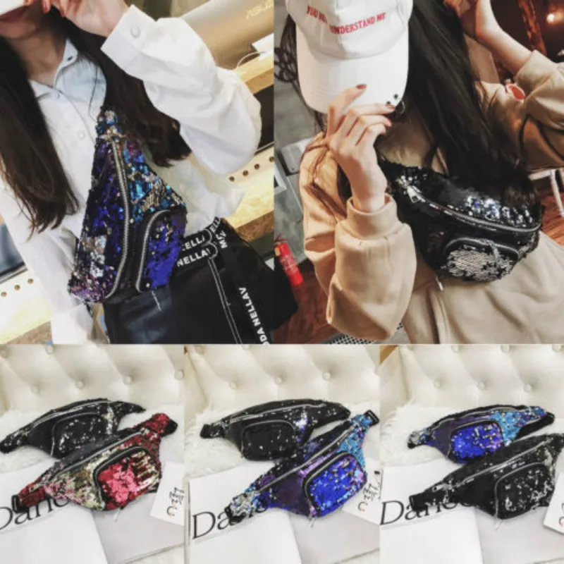 

Women Reversible Sequin Glitter Waist Fanny Pack Belt Bag Hip Purse US Travel Waist Holiday money Wallet