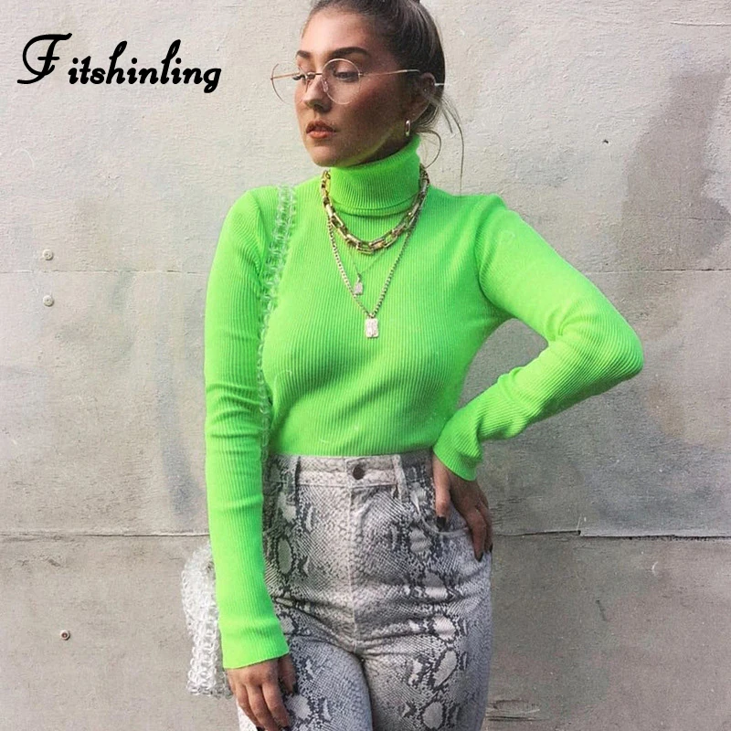 Fitshinling Fashion hot fluorescence t-shirts women tops neon long sleeve slim turtlenecks female t-shirt solid t shirt