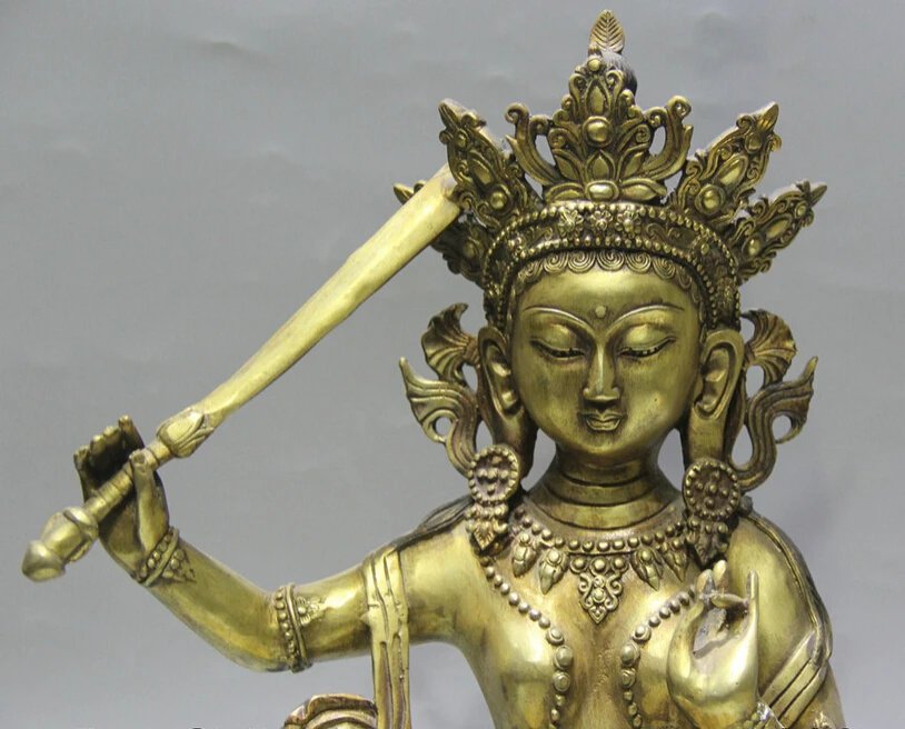

S2193 15" Tibet Buddhism Bronze Gild Seat lotus Wenshu Manjushri Boddhisattva Statue D0318