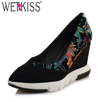 

WETKISS Print Kid Suede Women Pumps Shallow Pointed Toe Footwear Platform Female Shoes Wedges High Heels Shoes Woman Spring 2019