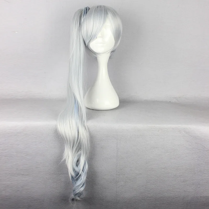 

RWBY Weiss Schnee 90cm Curly Wavy Heat Resistant Synthetic Hair Claw Clip Long Ponytail Blue and Silver White Mixed Anime Wigs