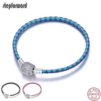 

STEP FORWARD New Design Colorful Bracelet Solid Full Zircon Clasp Design 14-22 cm 925 Sterling Silver Basic Leather Bracelet