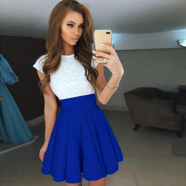 Summer Women Short Sleeve Lace Patchwork Sport Pleated Dress Sportwear Bodycon