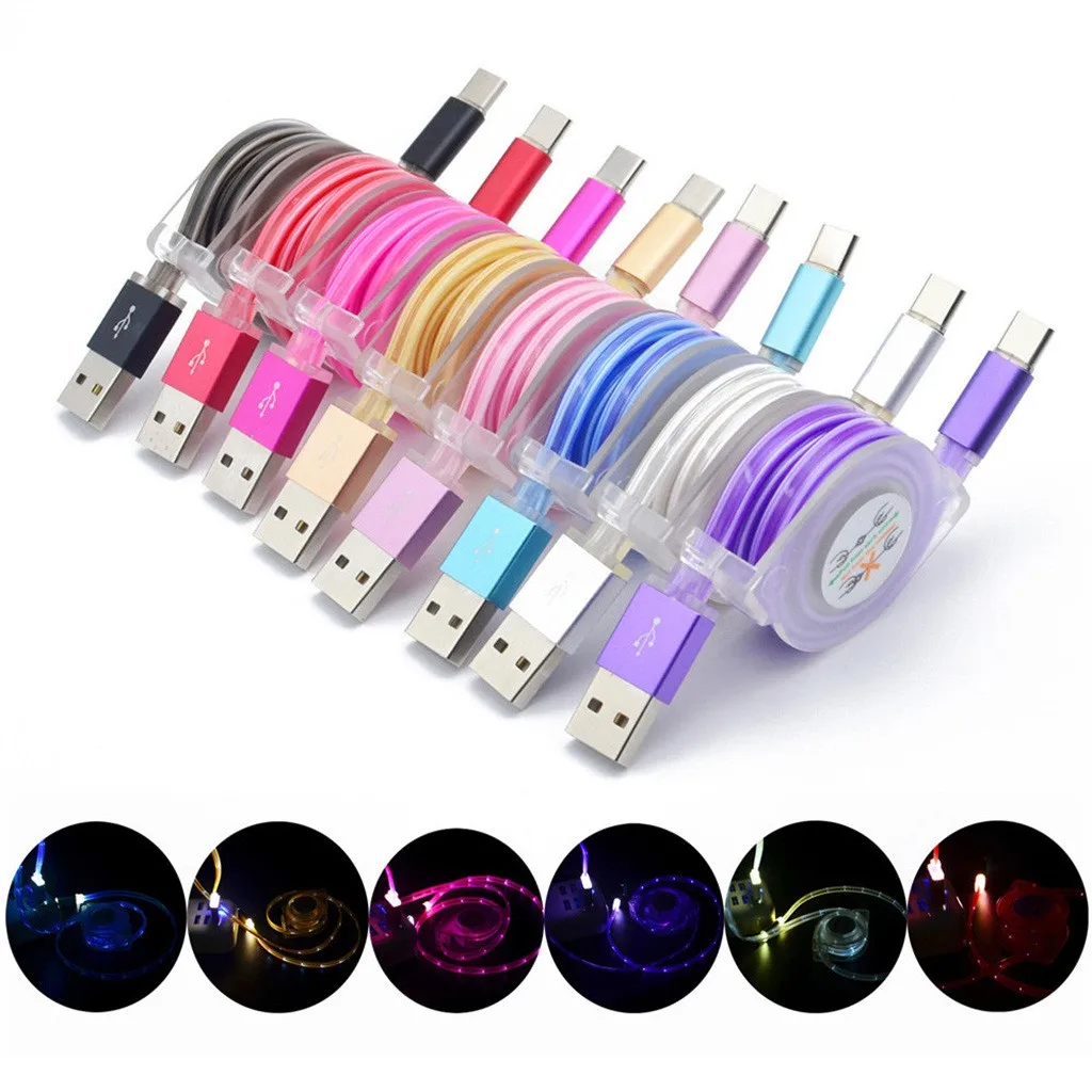 

1 Meter Retractable Micro USB Data Sync LED Light Charger Cable for Samsung S4 Android For Other Android Phones 2019