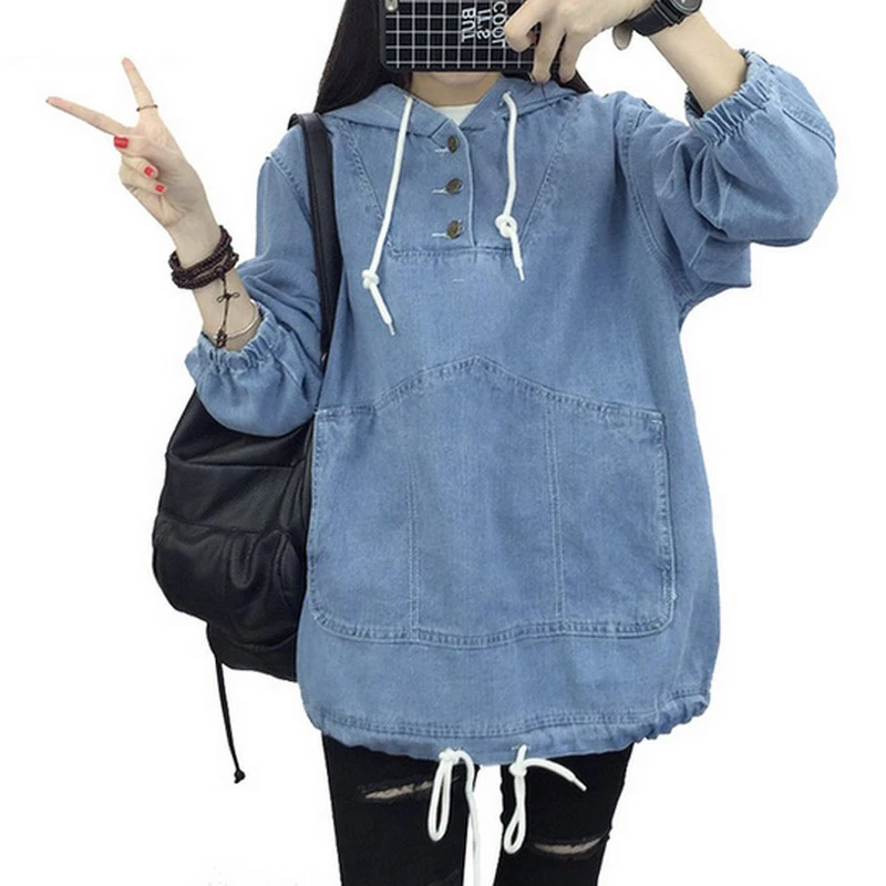 

EXOTAO Women Jeans Hoodies Spring Autumn Harajuku Denim Sweatshirt Hot Sale Feminino Tops Loose Hooded Pullover Mujer Pocket