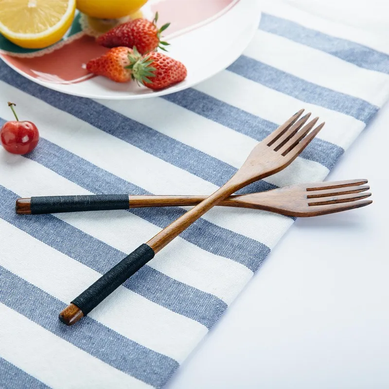 Set of 2pcs Wooden Forks 22 5cm Long Handled font b Salad b font Fork Cutlery