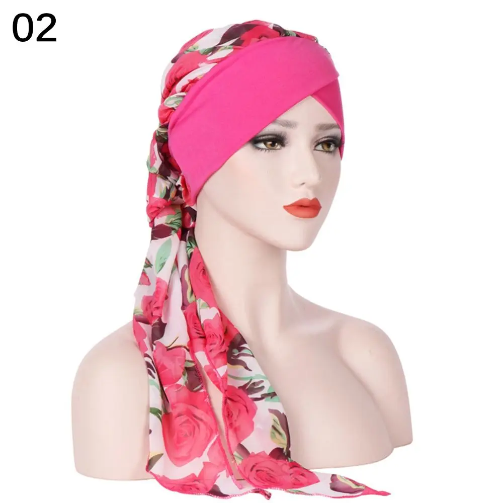 Хиджаб для мусульманок, исламский Джерси, простой головной платок, тюрбан после химиотерапии, предварительно привязанный цветочный принт, шаль, мягкий шелк, шифон, длинный хвост, шапка