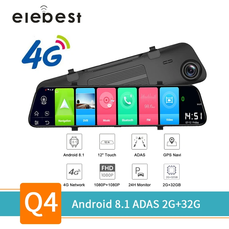 

elebest Dash Cam Registrar Video Record for Android 8.1 Car DVR Camera 4G WiFi GPS ADAS 12"display Rear View Mirror Rear 1080P