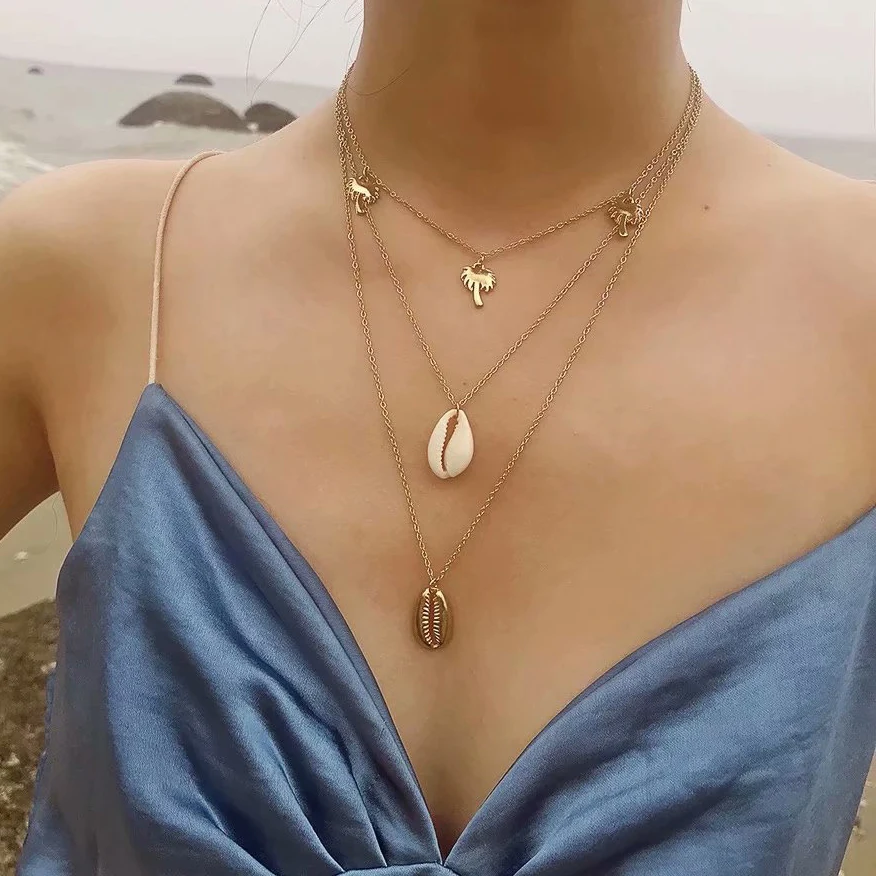 

Best lady Bohemian Layer Shell Collar Choker Necklace for Women Gold Silver Real Shell Conch Tree Pendant Statement Necklace