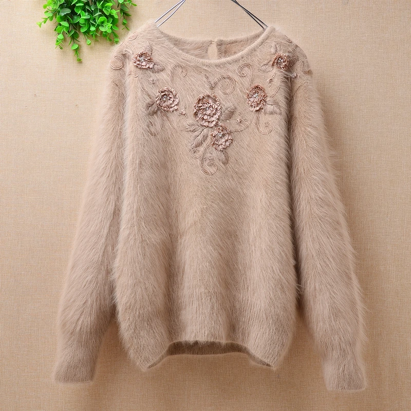 

Softest from Korea winter female o-neck angora rabbit fur beading crochet slim long sleeves mink cashmere pullover sweater coat