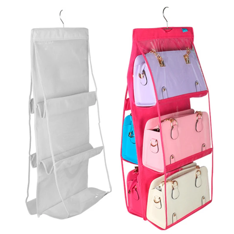 

6 Pockets Hanging Storage Bag Non-woven PVC Purse Wardrobe Handbag Tote Closet Storage Organizer Hangers Wall Sundries Pouch