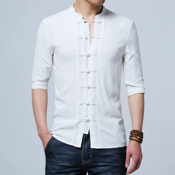 

2020 summer new Chinese style button cotton linen solid color five-point sleeve shirt comfortable breathable men's casual shirt