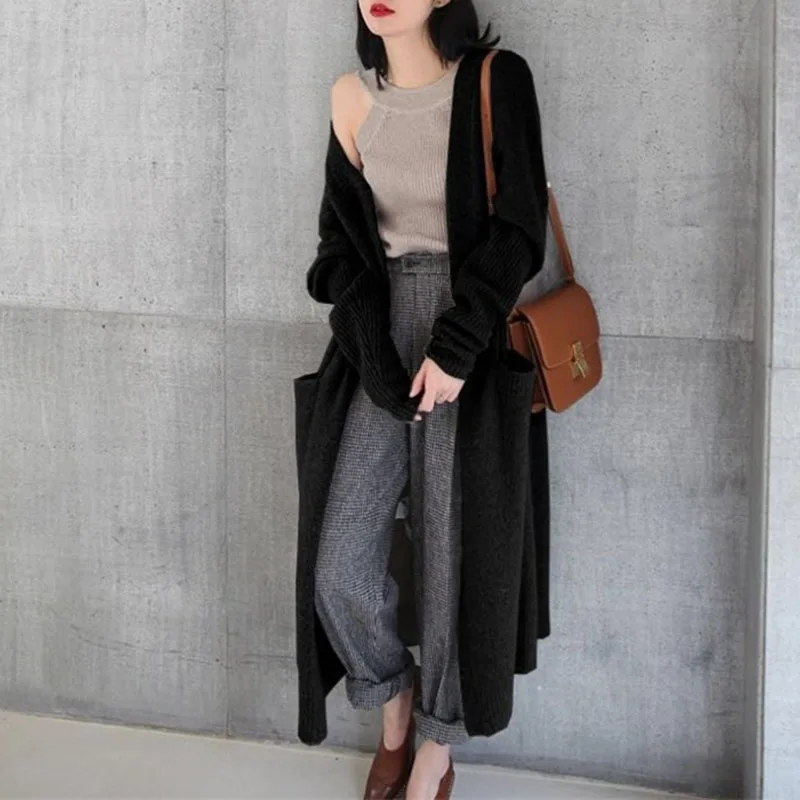 

Womens Cardigan Coat Long Sleeve Open Front Sweater Pockets Warm Elegant Buttons Knitted Neckline Knitwear Autumn Winter Ladies