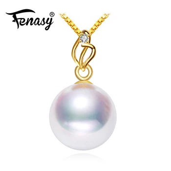 

FENASY 18K Gold Pendant Natural Freshwater Round Pearl Charms Au750 Yellow Gold Wedding Engagement Jewelry With Silver Necklace