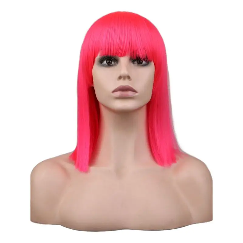 

QQXCAIW Women Short Straight Bob Wig For Cosplay Party Costume Rose Pink 40 Cm Heat Resistant Synthetic Hair Wigs
