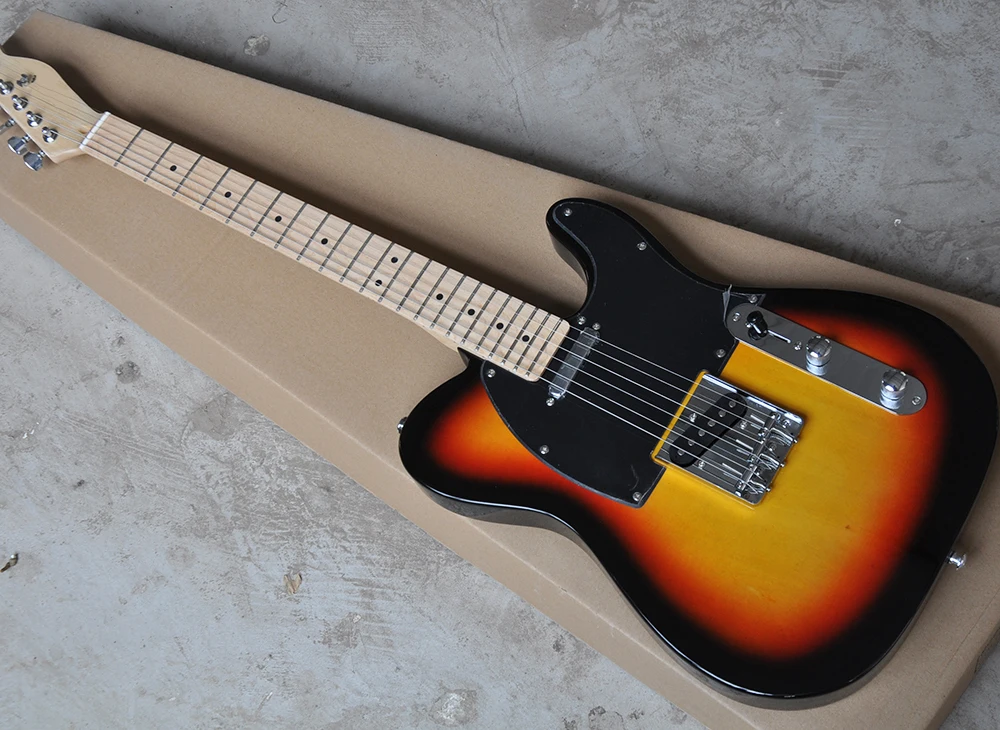 

Wholesale wholesale tobacco sunburst electric guitar with black pickguard,Maple fretboard,Strings-thru-body,Chrome hardwares