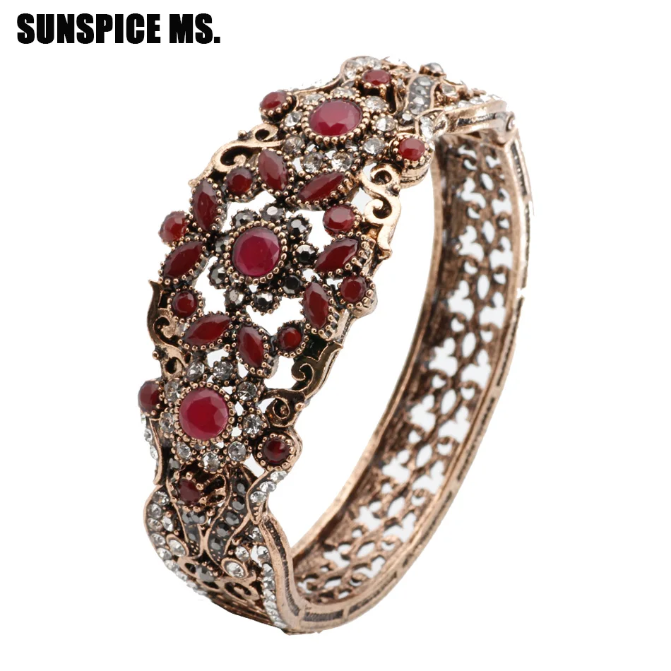 

New Turkish Vintage Bangle Cuff For Women Antique Gold Color Rhinestone Hollow Flower Bracelet Bangle Retro Wedding Jewelry 2018