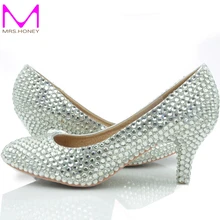 Middle Heel Silver Color Wedding Shoes Glitter Women Comfortable Party Prom Shoes Plus Size 43 in Stock Bridesmaid Shoes