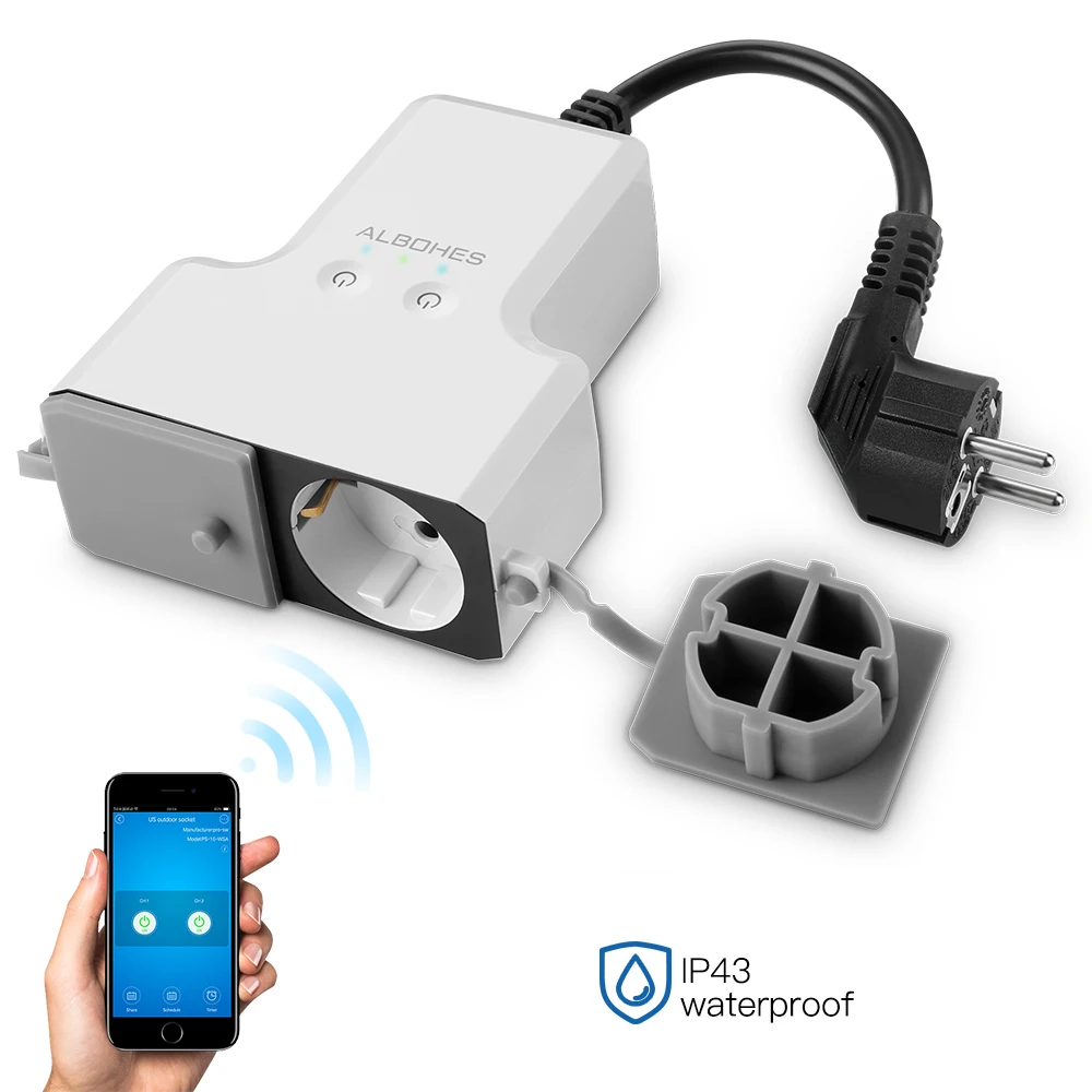 

ALBOHES Socket, WiFi Waterproof Smart Plug, Time Setting and Remote Control Outdoor Outlet with 2 EU Sockets