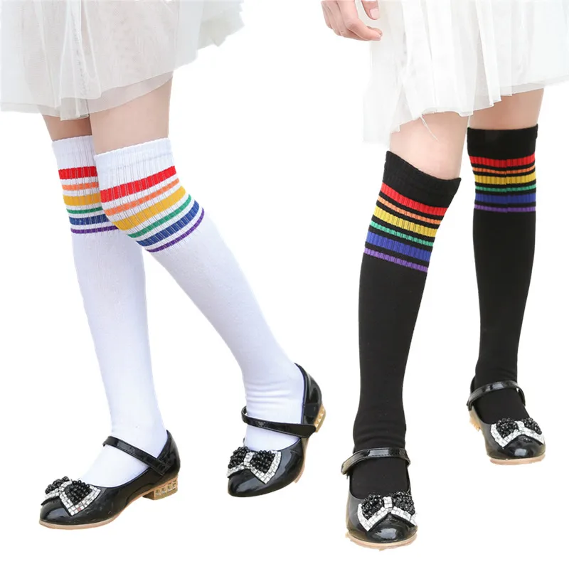 New Girls Sock Cotton Rainbow Baby Kids Knee Length Long Children Sock