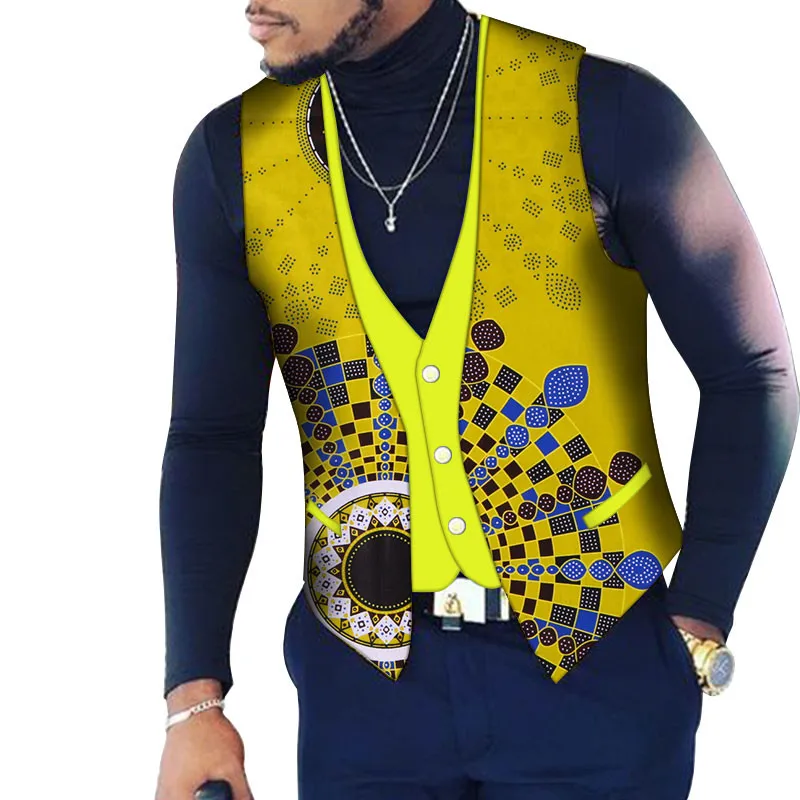 На заказ мужские Верхняя одежда Базен Riche лоскутное печати Топ жилет 100% хлопок традиционная Дашики Африканский WYN107