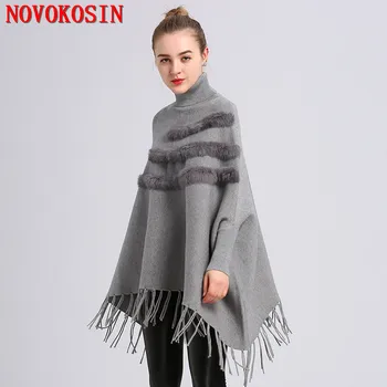 2018 Autumn Pullover Fashion Women Loose Batwing Sleeves Poncho Winter Warm Knitted Plus Size Patchwork Faux Fur Tassel Sweater plus size fringed zigzag poncho sweater