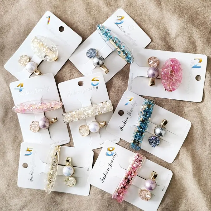 

Romantic Candy Color Imitation Crystal Duckbill Hair Clip Women Geometric Transparent Acetate Hairpin Faux Pearl Barrette 2Pcs