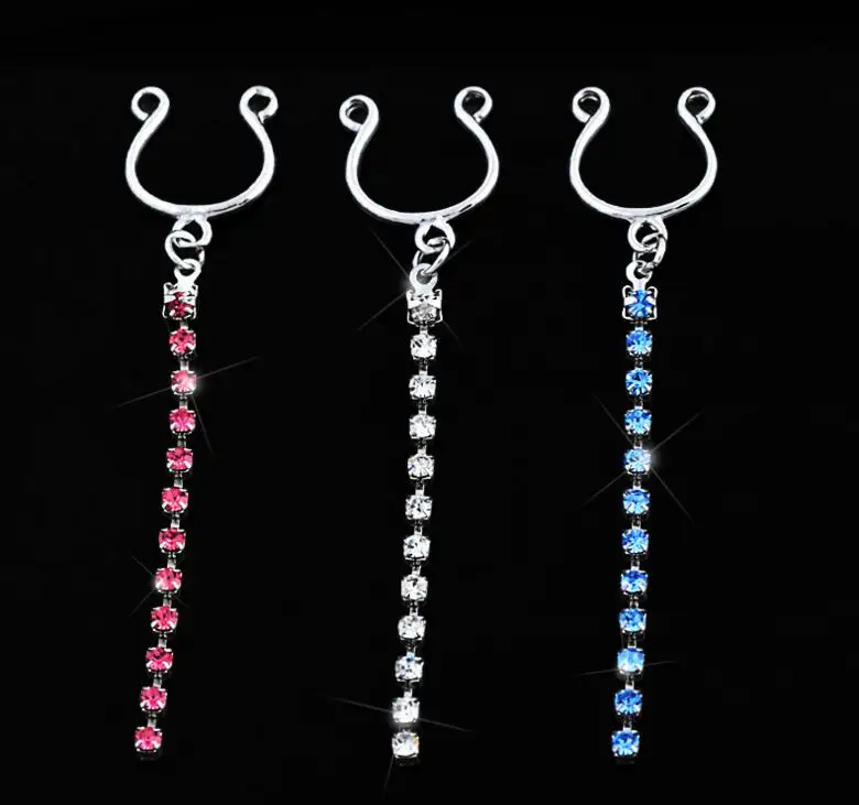 

2PCS /LOT 316L Stainless Steel Dreamlee Clear Gem Chain Dangle Non Piercing Clip On Nipple Ring Shield