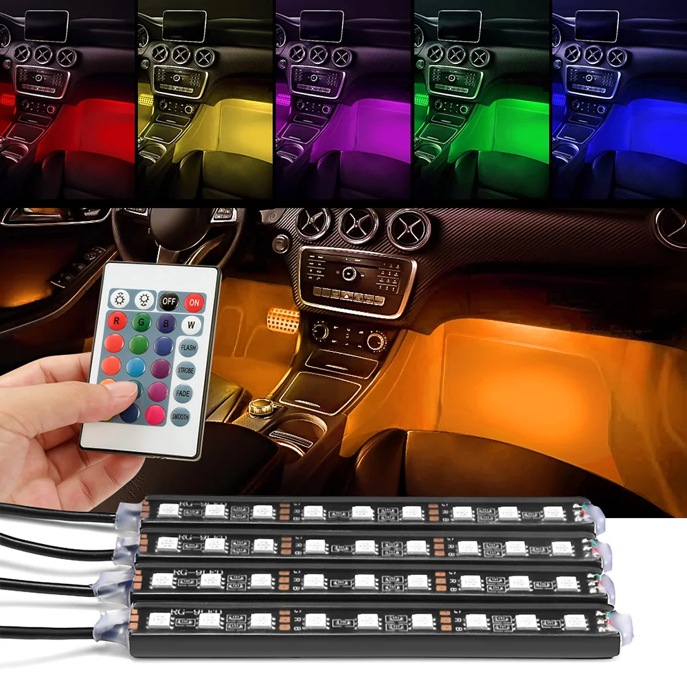 Подсветка салона авто Isincer автомобиль RGB Светодиодные ленты 4*9 шт. SMD 5050 10 Вт салона Декоративные атмосфере полосы Авто путь пол свет Дистанционное управление