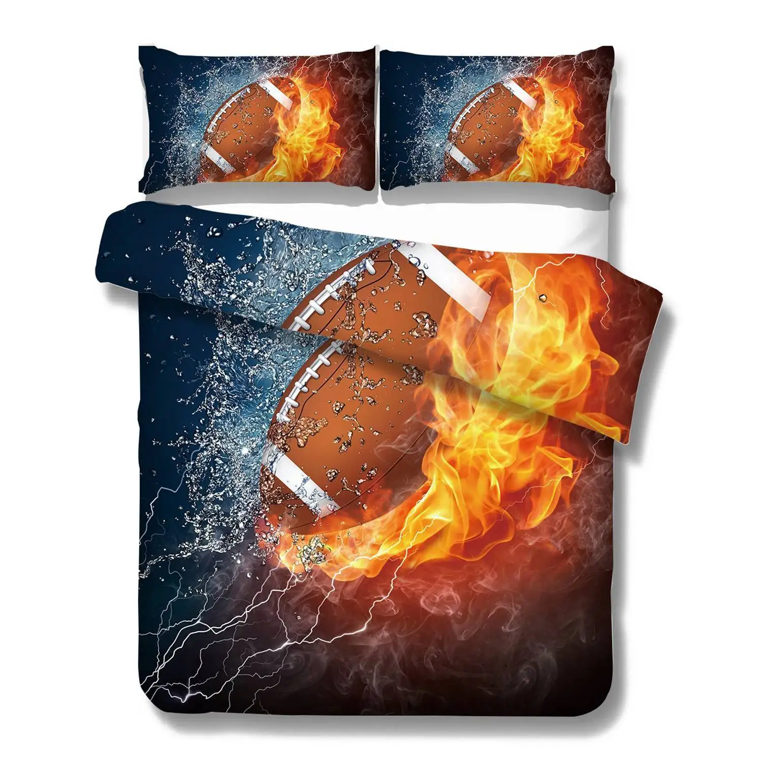 

Football Bedding Fire and Ice Brown Ball Flames Pattern Polyester Cover Sports Themed Bedding Dark Blue Orange Boys Duvet Cove
